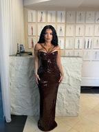 Cocoslly Spaghetti Straps Sleeveless High Waist Long Mermaid  Prom Dress | Brown Sequins YK0969