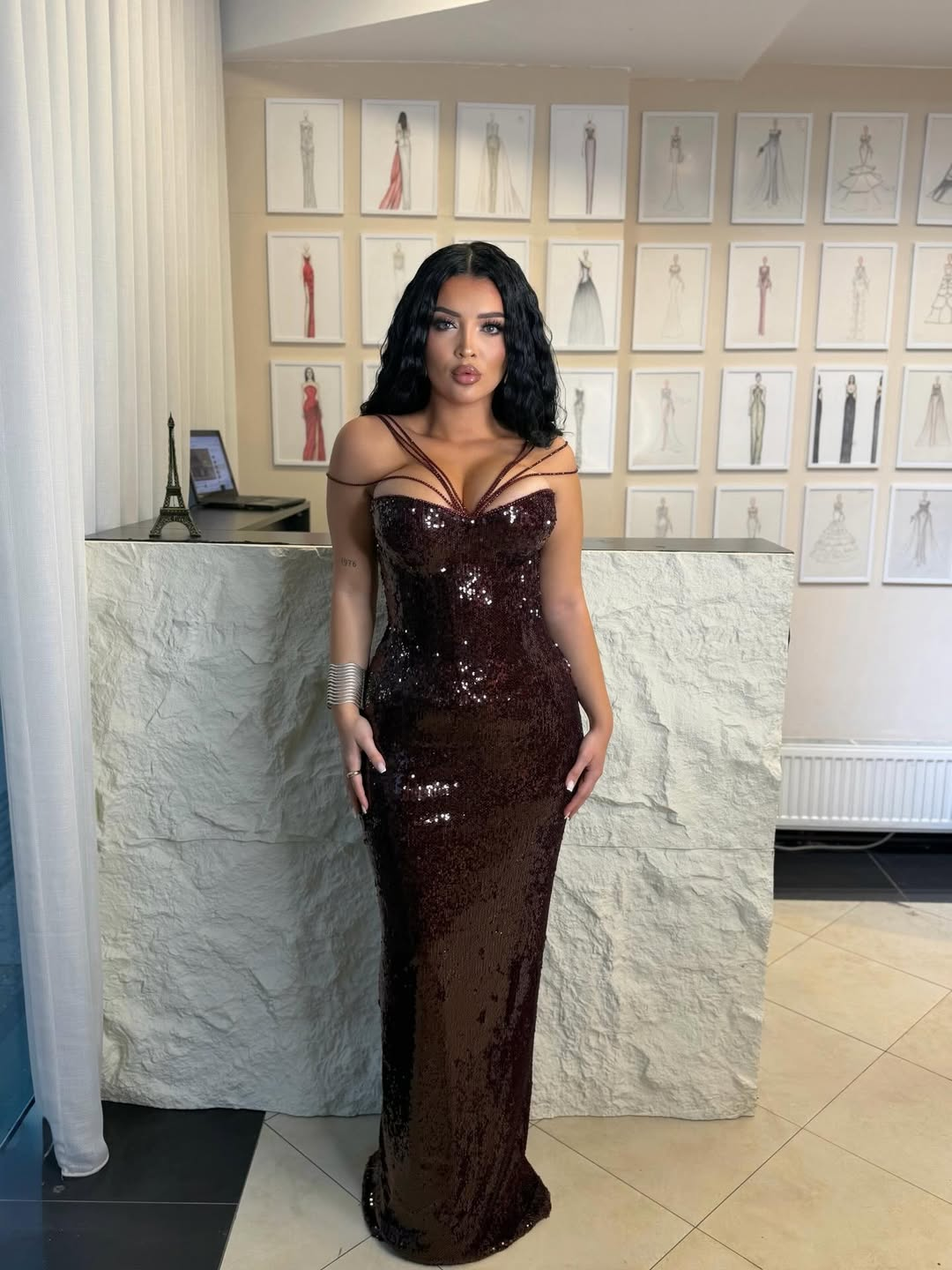 Cocoslly Spaghetti Straps Sleeveless High Waist Long Mermaid  Prom Dress | Brown Sequins YK0969