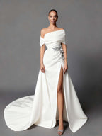 Satin Asymmetric Off-The-Shoulder Sleeveless Long Pleated Mermaid Prom Dress With Appliqués And Split YK0598