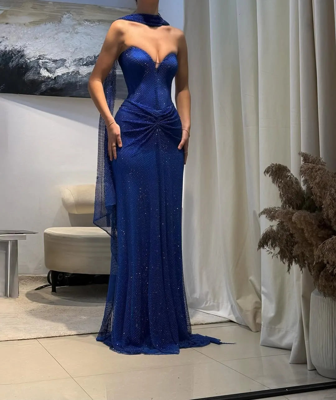 Cocoslly Sweetheart Strapless Sheath Long Pleated Prom Dress With Scarf | Navy Blue Net Fabric ZT0704