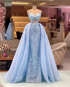 Cocoslly Strapless Sleeveless High Waist Long Mermaid Prom Dress With Appliques And Pearls | Sky Blue Chiffon CO0222