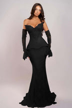 Cocoslly Strapless Sleeveless Long Mermaid Prom Dress With Embroidered And Gloves | Pink Satin And Lace ZA0398