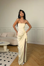 Cocoslly Strapless Sleeveless High Waist Long Prom Dress With Split And Pleated | Ice Blue Satin YC0566