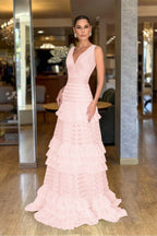 Tulle V-Neck Wide Shoulder Straps Sleeveless Long A-Line Prom Dress With Ruffles And Pleated WQ0149