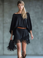 Casual Retro Tassel Black Batwing Sleeve Faux Suede Mini Dress