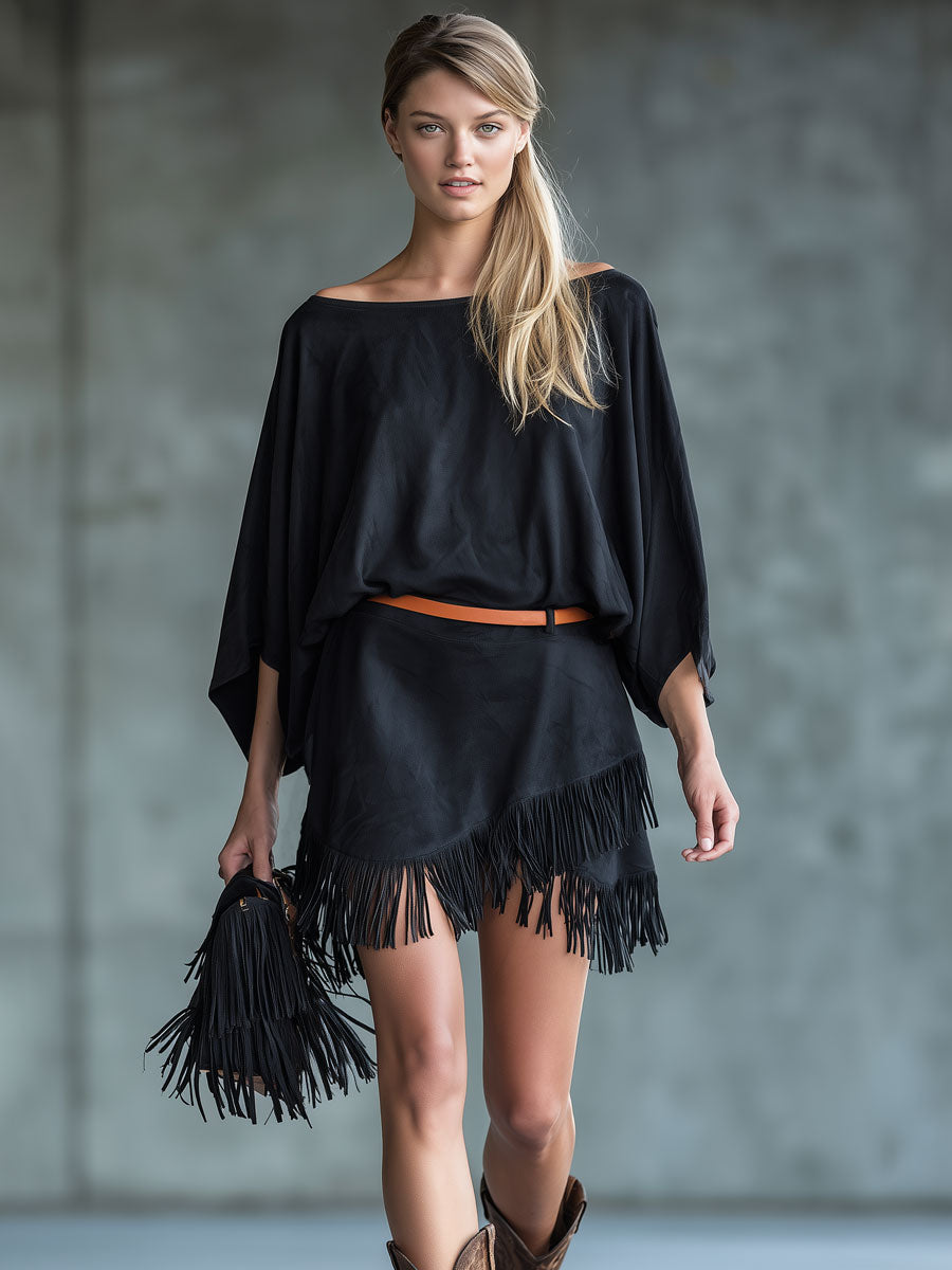 Casual Retro Tassel Black Batwing Sleeve Faux Suede Mini Dress