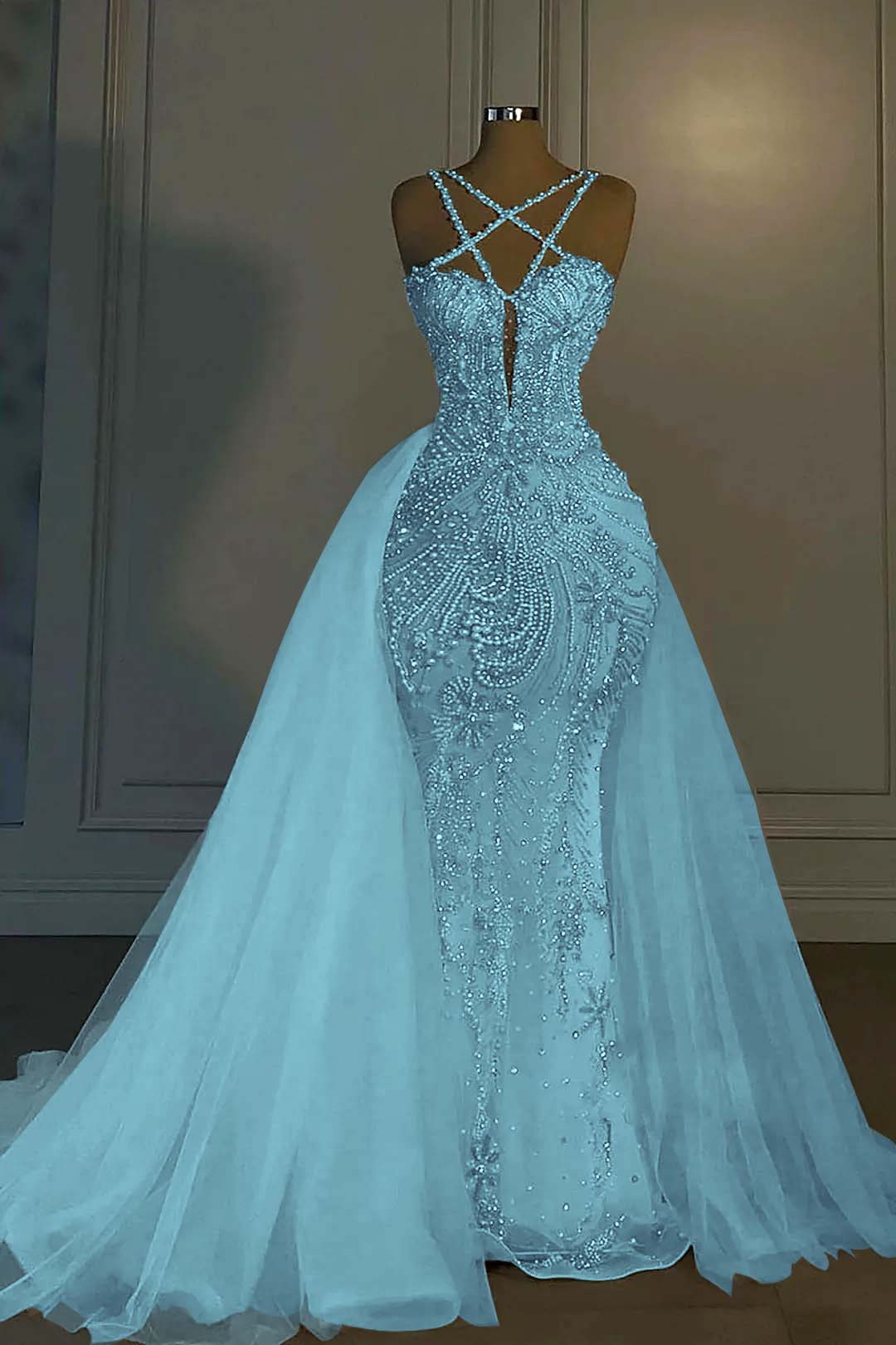 Cocoslly Halter Sleeveless Long Mermaid Prom Dress With Sequins Beadings And Tulle Ruffle | Ivory Tulle YL0335