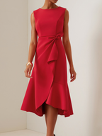 Red Sleeveless Midi Elegant A-line Dress with Waist Twist for Day-to-Night