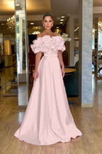 Satin Off-The-Shoulder Strapless High-Waisted Long A-Line Prom Dress With Ruffles JQ0425