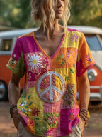 Vintage Hippie Peace & Love Daisy Floral Patchwork Print Linen T-shirt