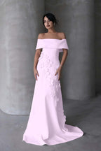 Cocoslly Off-The-Shoulder Strapless Sleeveless Long Mermaid Prom Dress With Flowers Appliqués | Red Satin ZA0194