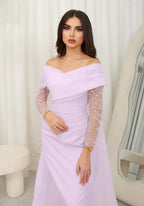 Cocoslly Off-The-Shoulder Long Sleeves High Waist Long Prom Dress With Rhinstone | Blushing Pink Chiffon JZ0100