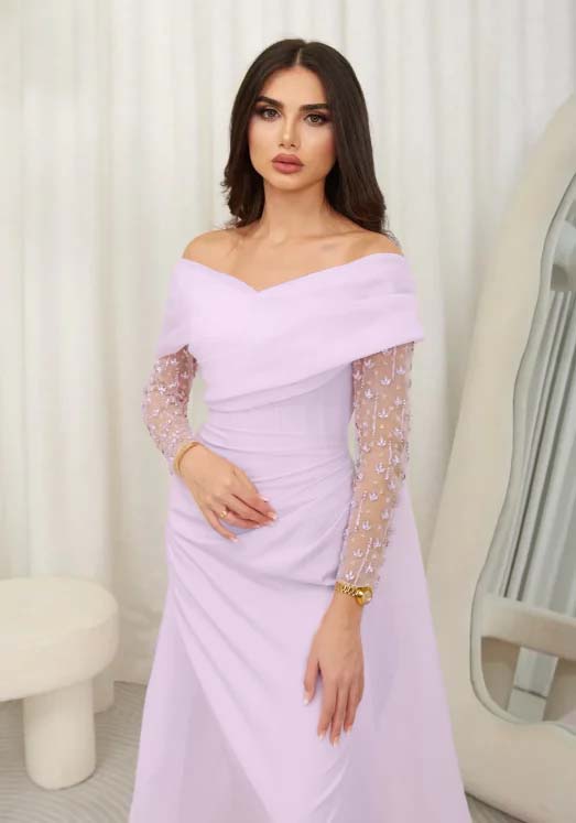 Cocoslly Off-The-Shoulder Long Sleeves High Waist Long Prom Dress With Rhinstone | Blushing Pink Chiffon JZ0100