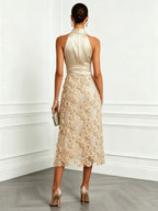 Champagne 3D Floral Glitter Classic Mock Neck Sleeveless Midi Dress
