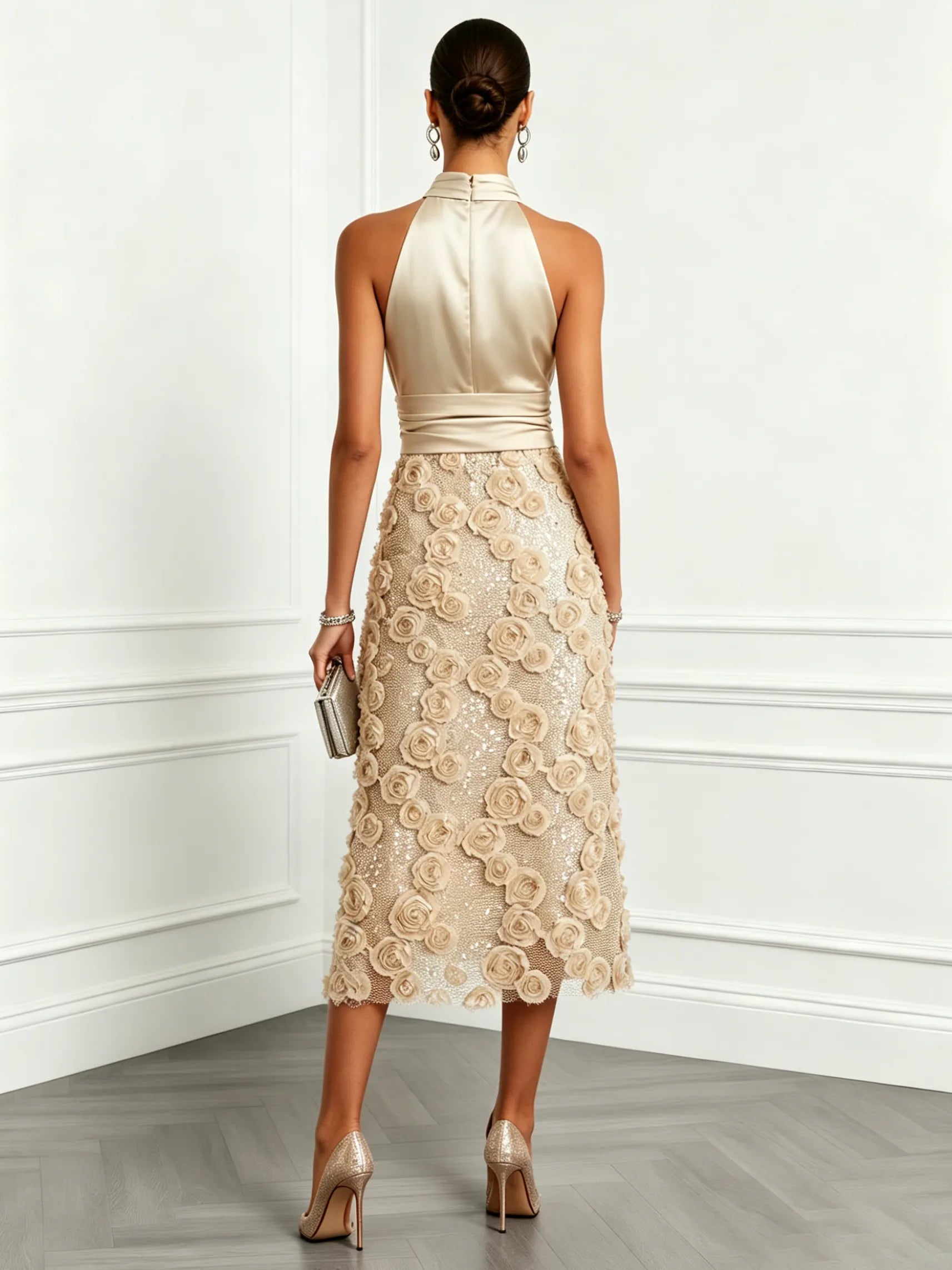 Champagne 3D Floral Glitter Classic Mock Neck Sleeveless Midi Dress