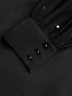 Black Beaded Slit Satin V Neck Long Sleeve Balloon Sleeve Sheath Midi Dress