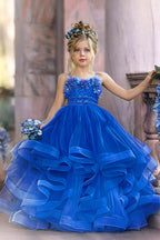 Cocoslly Spaghetti Straps  Sleeveless Flower Girl Dress With Appliques And Rhinstone | Dusty Blue Tulle FL0020