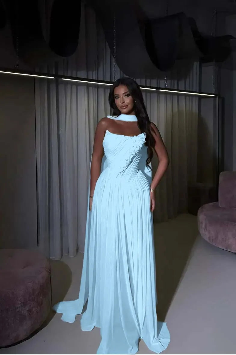 Cocoslly Strapless Sleeveless High Waist Long Prom Dress With Appliques And Scarf | Daffodil Chiffon YQ0072