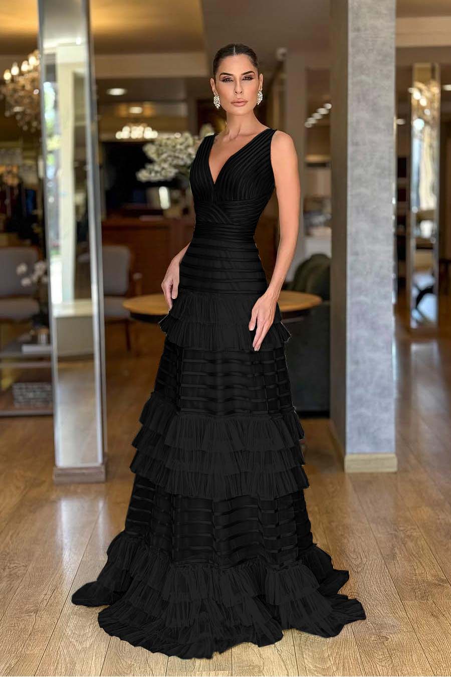 Tulle V-Neck Wide Shoulder Straps Sleeveless Long A-Line Prom Dress With Ruffles And Pleated WQ0149