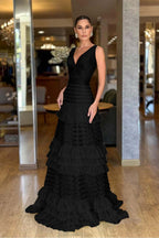 Tulle V-Neck Wide Shoulder Straps Sleeveless Long A-Line Prom Dress With Ruffles And Pleated WQ0149