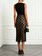Black 3D Floral Classic Notched Sleeveless Sheath Midi Dress