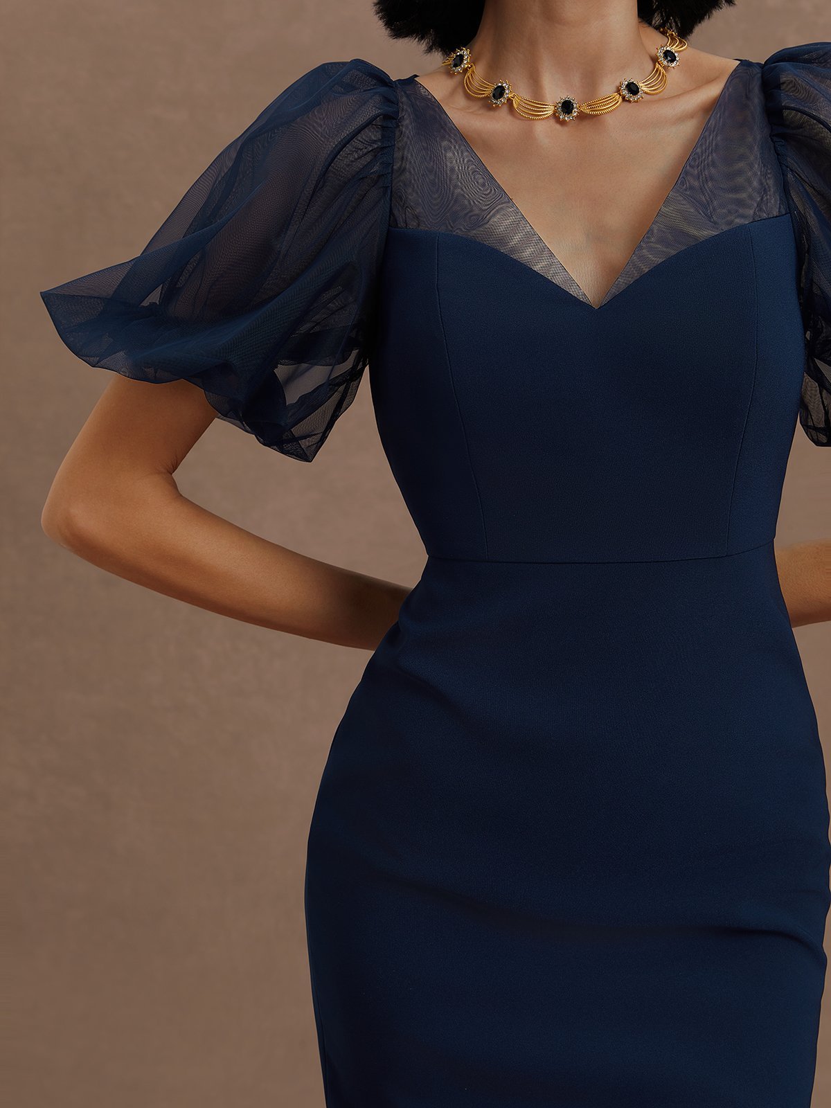Purplish Blue Mesh Classic V Neck Short Sleeve Puff Sleeve Sheath Midi Dress
