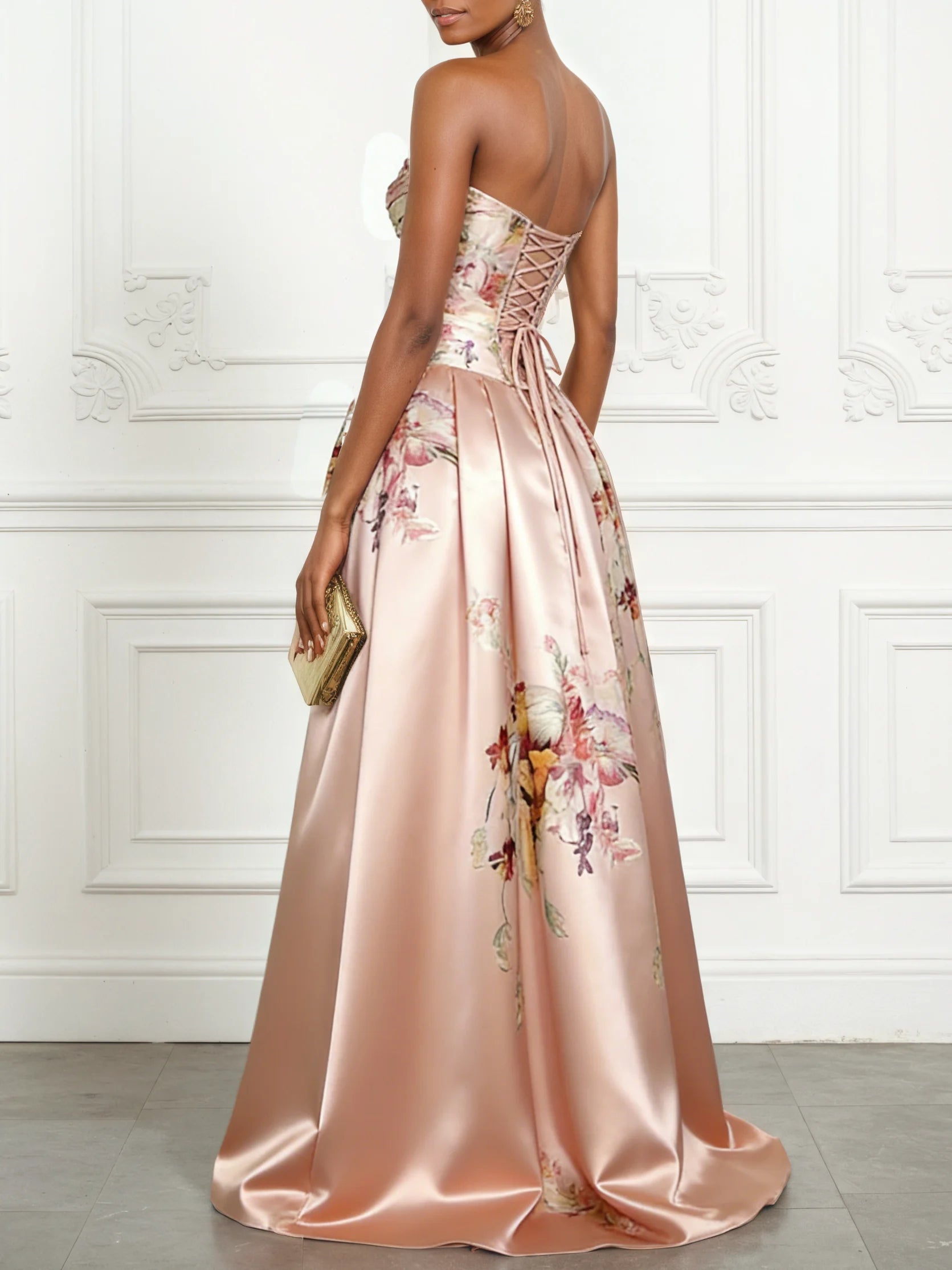 Pink Floral Satin Strapless Sleeveless A-Line Gown Dress