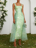 Light Green Floral Split Joint Satin Square Neck Sleeveless A-Line Maxi Dress