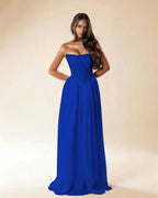 Strapless Sleeveless Long Pleated A-Line Prom Dress With Beadings And Rhinstone YK0781
