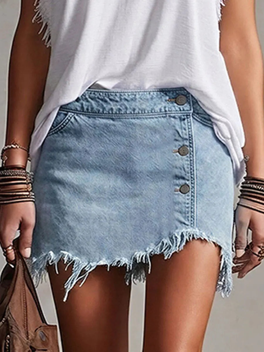 Western Retro Frayed Camel Denim Mini Skirt And Shorts