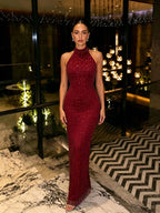 Cocoslly Halter Sleeveless High Waist Long Mermaid Prom Dress With Rhinstone | Sliver Satin LX0110
