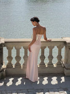 Cocoslly Strapless Sleeveless High Waist Long Prom Dress With Appliques | Pink Satin LX0113