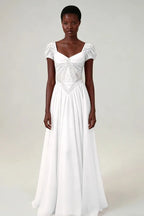 Cocoslly Short Sleeves High Waist Long Prom Dress With Rhinstone | Blushing Pink Chiffon LR0376