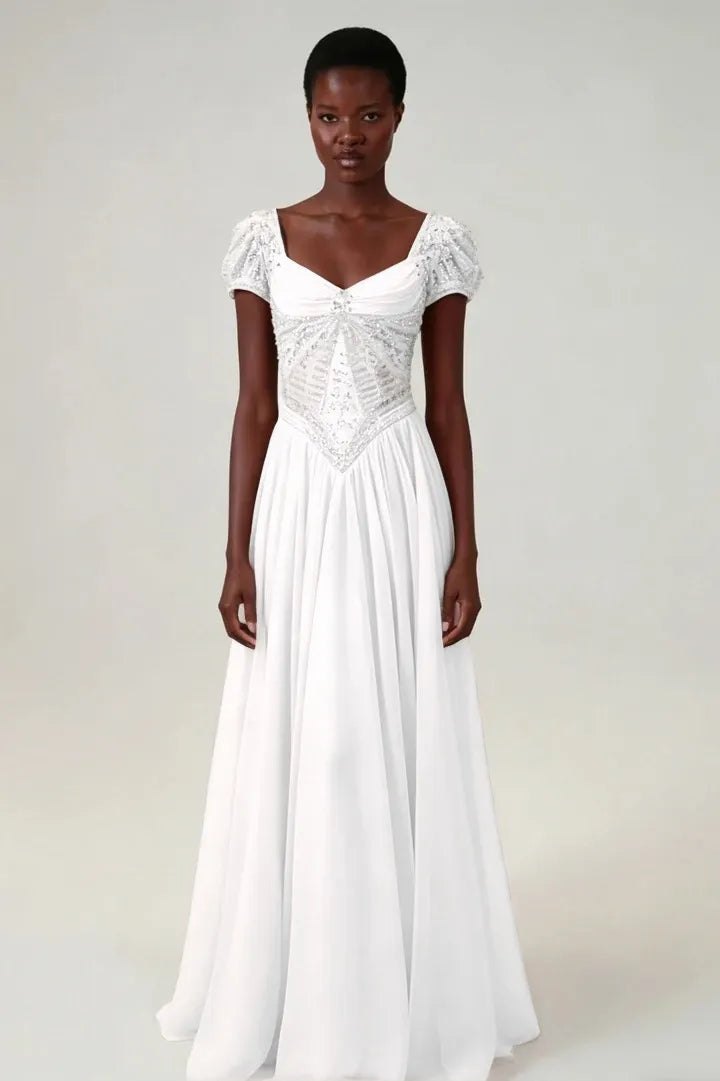 Cocoslly Short Sleeves High Waist Long Prom Dress With Rhinstone | Blushing Pink Chiffon LR0376
