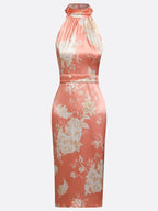 Pink Floral Satin Halter Neck Sleeveless Sheath Midi Dress
