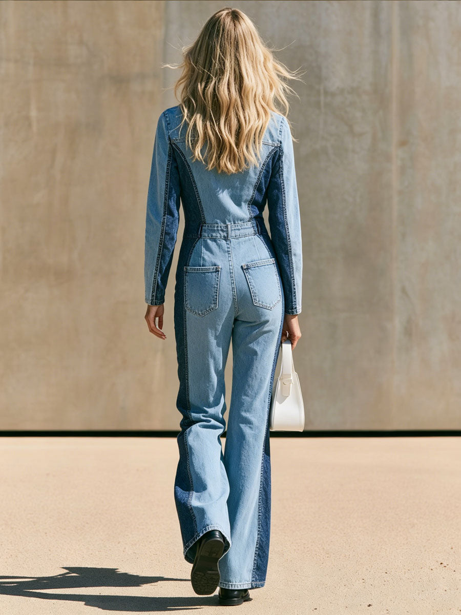 Casual Retro Color-blocked Denim Long-sleeved Zippered Flared Jumpsuit