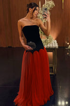 Cocoslly Strapless Sleeveless High Waist Long Prom Dress | Black And Dusty Blue Satin And Tulle YC0567