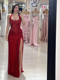 Sequins Halter Sleeveless Long Mermaid Prom Dress With Split YK0358