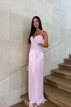 Cocoslly Spaghetti Straps Sleeveless Long Prom Dress With Beadings Tassel | Gold Beaded-Embroidered ZA0298