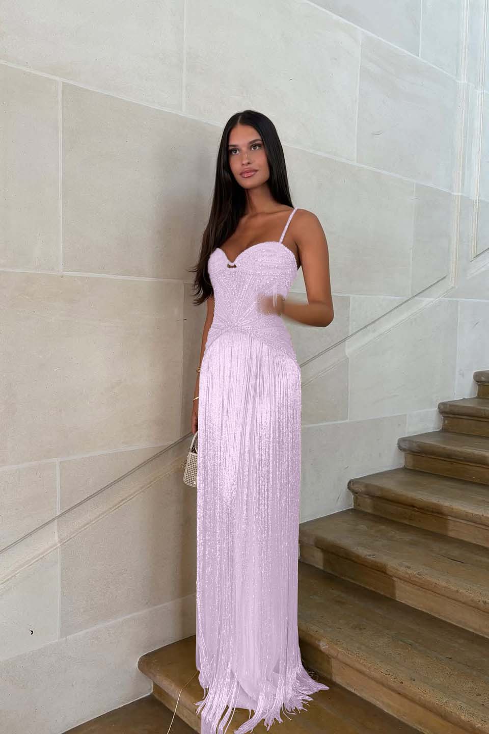 Cocoslly Spaghetti Straps Sleeveless Long Prom Dress With Beadings Tassel | Gold Beaded-Embroidered ZA0298