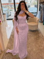 Cocoslly Strapless Sleeveless High Waist Long Prom Dress With Shawl And Rhinstone | Dusty Sage Satin YK1255