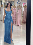 Sequins Halter Sleeveless Long Mermaid Prom Dress With Split YK0358