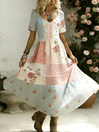 Women's Boho Retro Rose Collage Art Linen V Neck Maxi Dress