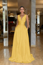 Straps Sleeveless High Waist Long Prom Dress With Pockets Pleated MS0387