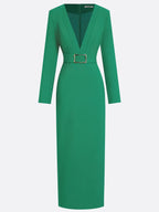 Green Classic Deep V Neck Long Sleeve Sheath Maxi Dress
