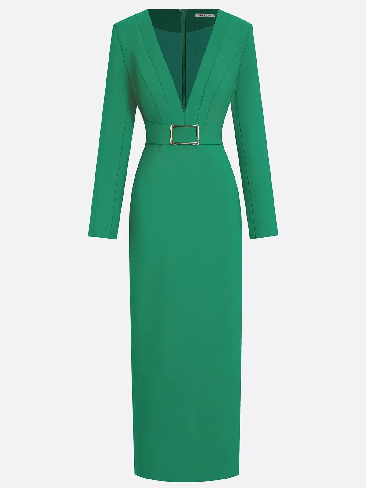 Green Classic Deep V Neck Long Sleeve Sheath Maxi Dress
