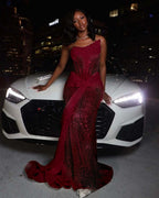 Tulle Asymmetric Strapless Sleeveless Long Pleated Mermaid Prom Dress With Sequins And Ruffles YK0320