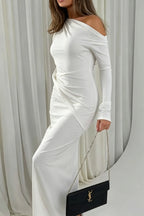Cocoslly Long Sleeves High Waist Long Mermaid Prom Dress With Pleated | Black Satin XJ0062