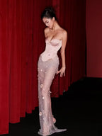 Cocoslly Strapless Sleeveless High Waist Long Mermaid Prom Dress With Rhinstone | Blushing Pink Satin And Tulle YK0943