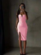 Spandex V-Neck Strapless Sleeveless Sheath Prom Dress With Buttons And Split YK0693